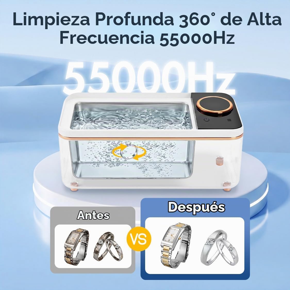 Limpiador Ultrasonidos 55kHz,450 ml Limpiador Ultrasonidos de Gafas con 6 Modos de Limpieza,Revestimiento Interior de Acero Inoxidable 304,Limpieza Profunda de Gafas/Dentaduras Postizas/Monedas/Joyas
