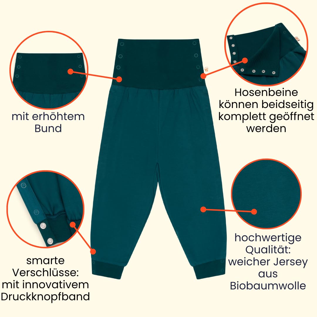 Jerseyhose für Kinder – für Prothese, Orthese, Rollstuhl, Stoma – weicher Bio-Jersey mit Druckknopfband – Orthesenhose bis Gr. 140 – Dunkelgrün