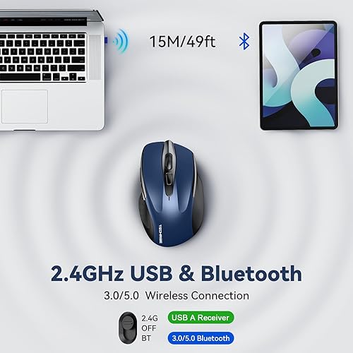 Miniatura 2 de TechRise Ratón Bluetooth (BT5.03.0 y 2.4G) Ratón inalámbrico recargable, seguimiento óptico de 4800 DPI, 6 DPI ajustables, 2.4GHz con receptor USB