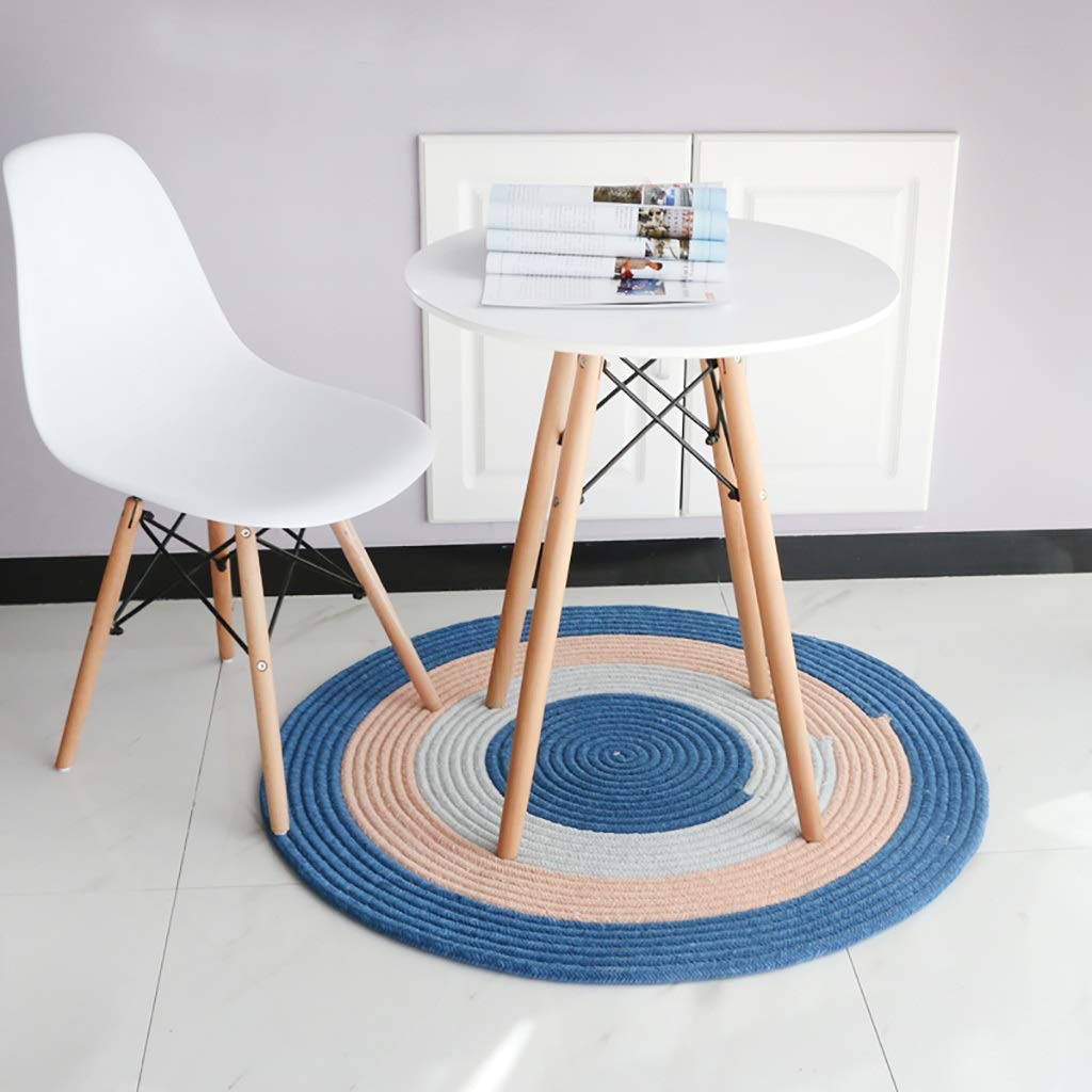 Tapis salon tressé main multicolore en éco-matériaux bleu et orange