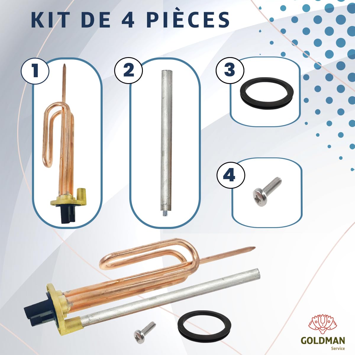GOLDMAN SERVICE Résistance Thermique électrique Flange + Anode magnésium + Joint Caoutchouc + vis de Fixation. Kit de Rechange pour Chauffe-Eau Compatible avec toutes les grandes marques. (1500W)