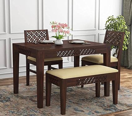 RosWoodZone Solid sheesham Wood 4 Seater Dining Room Set with 2 Chairs and 1 Bench (Finish-Walnut)
