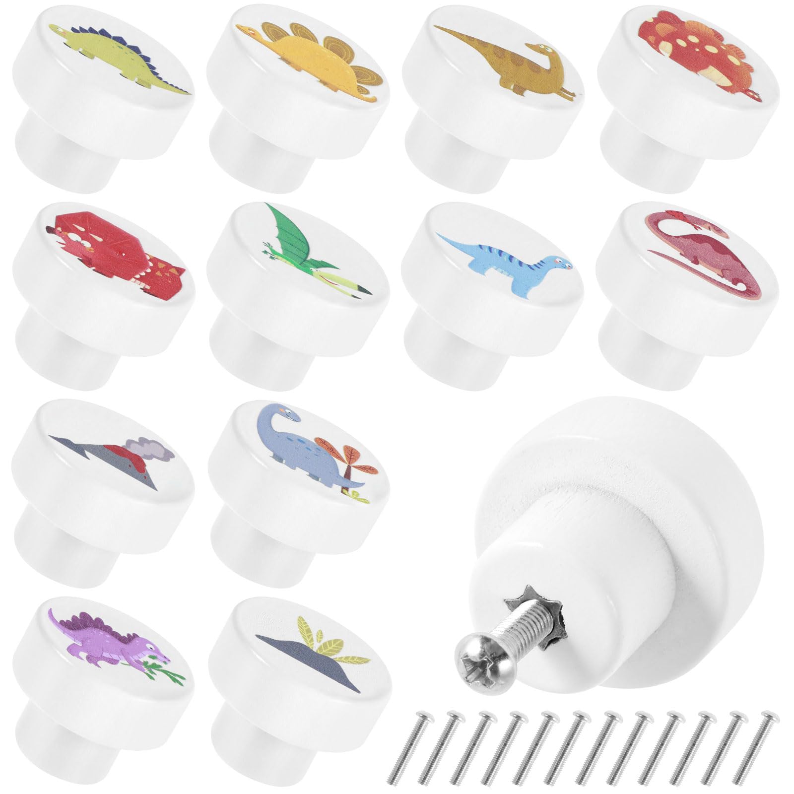 Nihuifdpy White 12Pcs Wooden Drawer Knobs With Screws 35Mm Round Dinosaur Pattern Dresser Knobs Decorative Wood Cabinets Handles Creative Drawer Pull Handle For Nursery Cabinet Closet