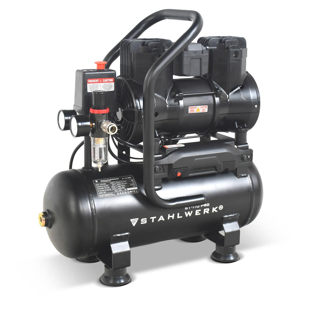 STAHLWERK ST-110 Pro kompresor 10 l, bezolejowy i cichy, 8 bar, sprężarka sprężonego powietrza z silnikami bezszczotkowymi, 1,97 KM, 1,45 kW, 250 l/min, cicha sprężarka, kompresor tłokowy, sprężarka
