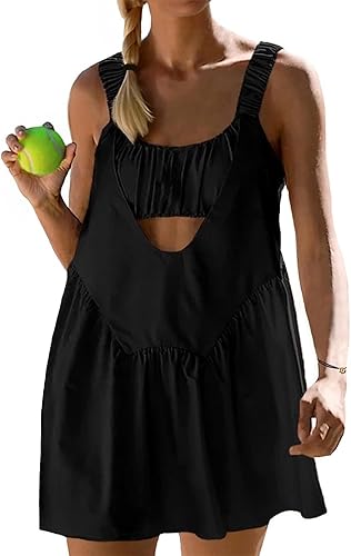 AnotherChill Vestido de tenis para mujer, brasier integrado y pantalones cortos, bolsillos recortados, trajes de entrenamiento, vestidos atléticos