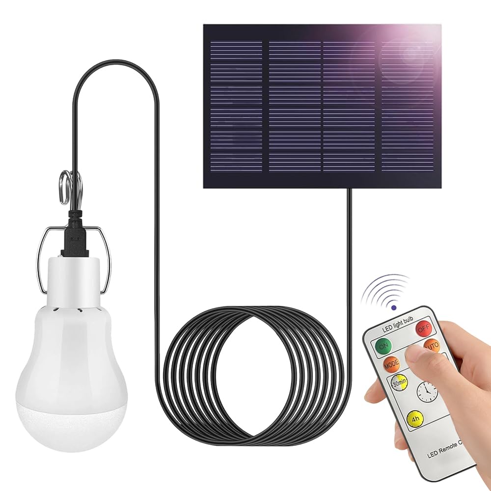 KQWVZ Solar Powered LED Shed Light Bulb, Solar Shed Lights Indoor Outdoor with Remote&Cable 3.5M,Portable Lantern Lamp with Panel, LED Solar Light for Camping Tent Fishing Garden Yard Hiking