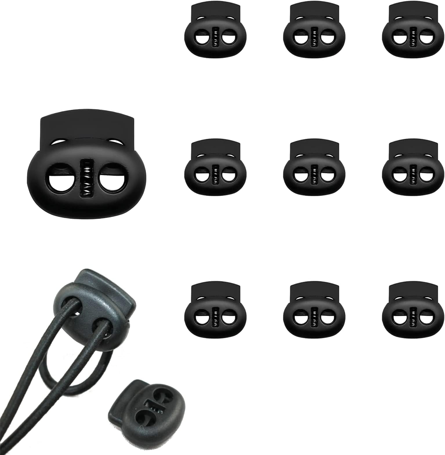 Siqian Toggles for Drawstrings 10 Pack Cord Locks Set, Dual-Holes Spring Set Double Holes Toggle Loaded Plastic Round Ends Stopper Fastener Oval Locks, Black, M, (SQ-SKTHSSTZ01-BK10-CX-UK)