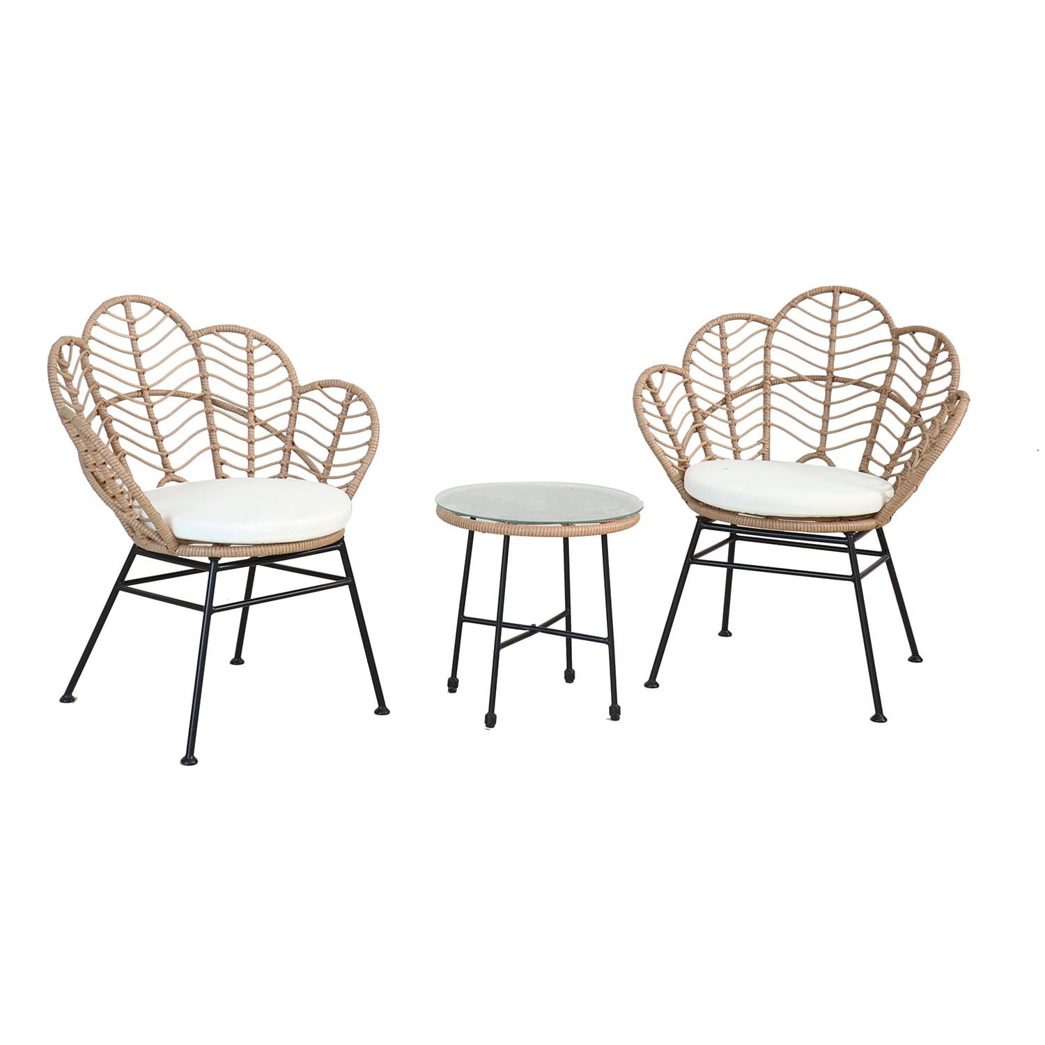 Juego de Mesa y sillas de Exterior de ratán sintético Natural con Estructura de Acero y Mesa con Cristal Templado, Juego de jardín Exterior para balcón, terraza o Patio