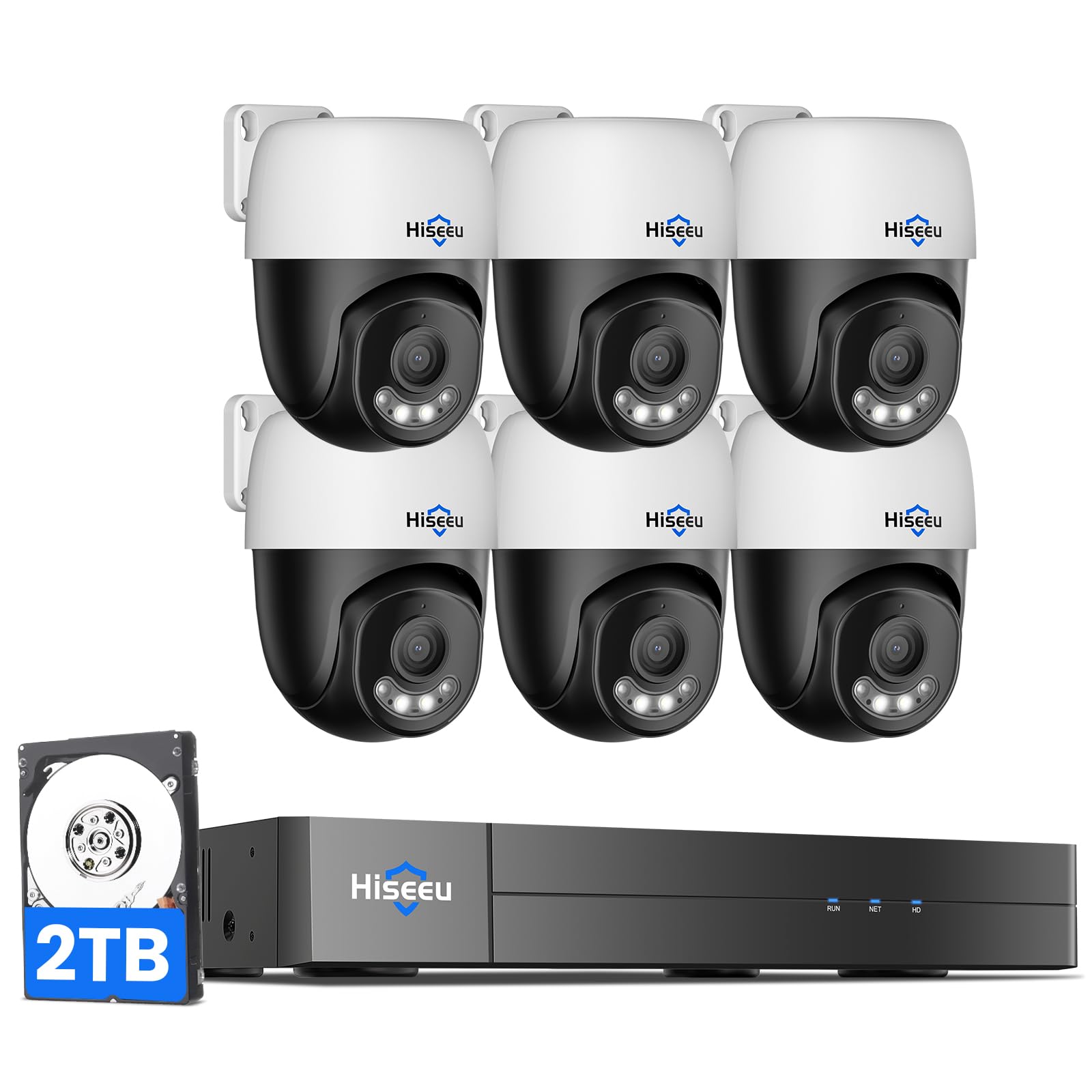 【360°View】 Hiseeu 4K PoE PTZ Security Camera System，6 Pcs Security Cameras