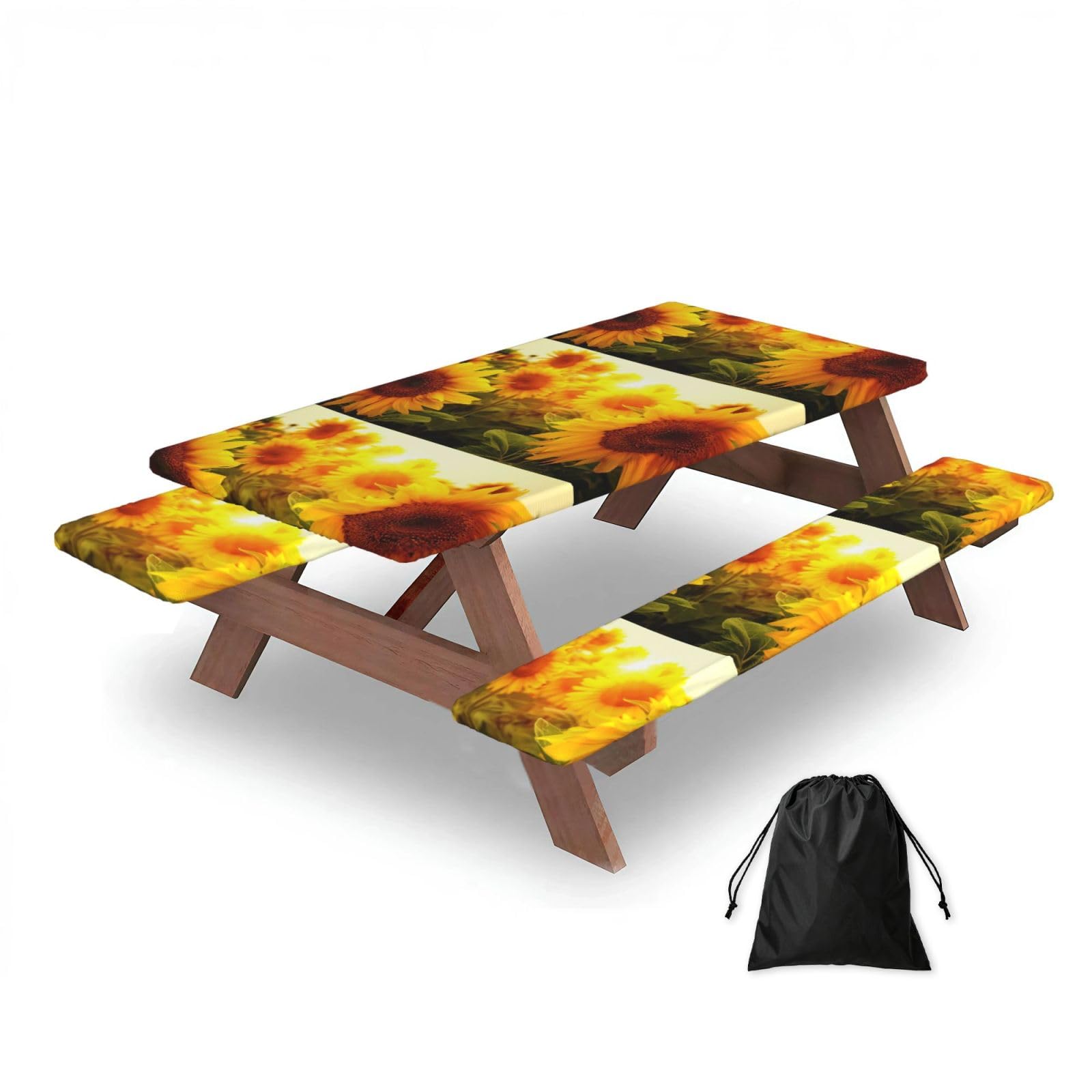 Dopklna As Picture Sunflower, Picnic Table Cover With Bench Covers -Waterproof Elastic Fitted Tablecloth For Garden Camping Patio 76X152cm