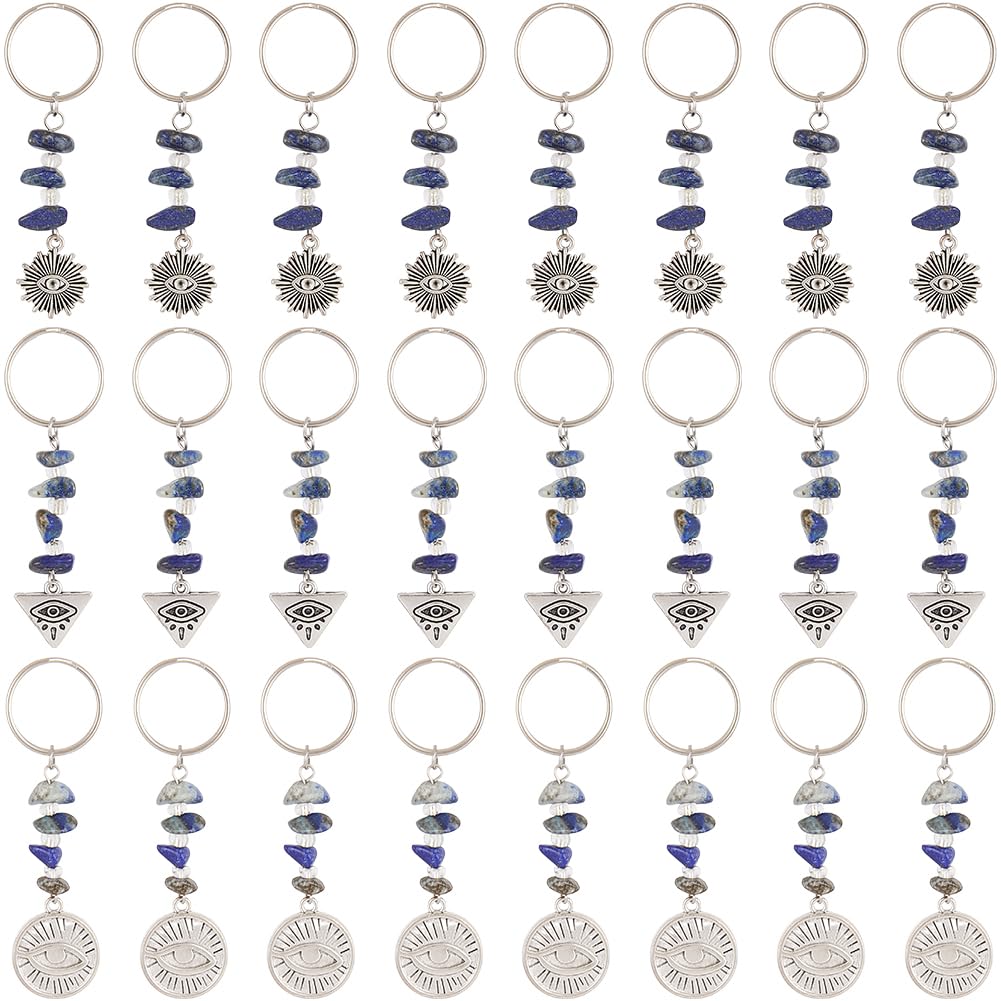 CRASPIRE 1 Box 30Pcs 3 Styles Evil Eye Keychains Lucky Key Chains Protection Natural Lapis Lazuli Stone Tibetan Style Alloy Charm Keychain Keyring for Bag Keychain Party Inspirational Gift DIY Making