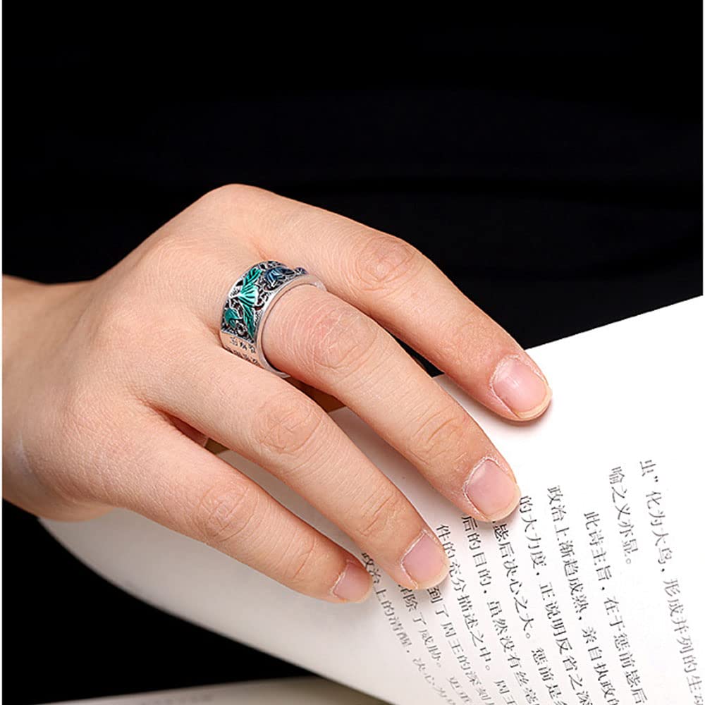 Anillo De Banda De Loto Azul 999 Sterling Silver Hollow out Fish Play with Lotus Dematy Ring para Hombres Amantes De Yoga De Yoga Ajustable