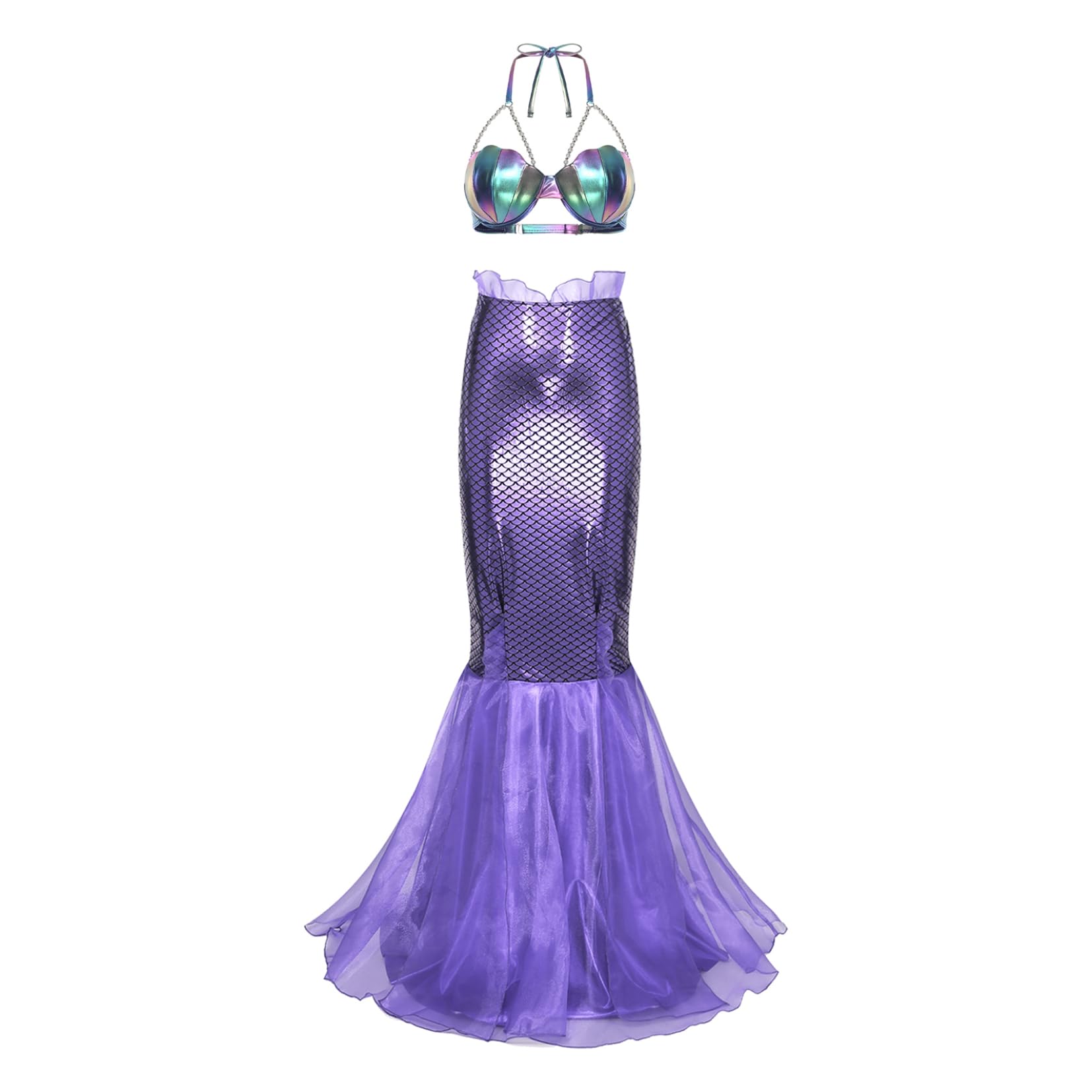 Damen Halloween Meerjungfrau Kostüm Glänzend BH Top Neckholder Bra Oberteil und High Waist Fischschuppen Rock Maxirock Fischschwanz