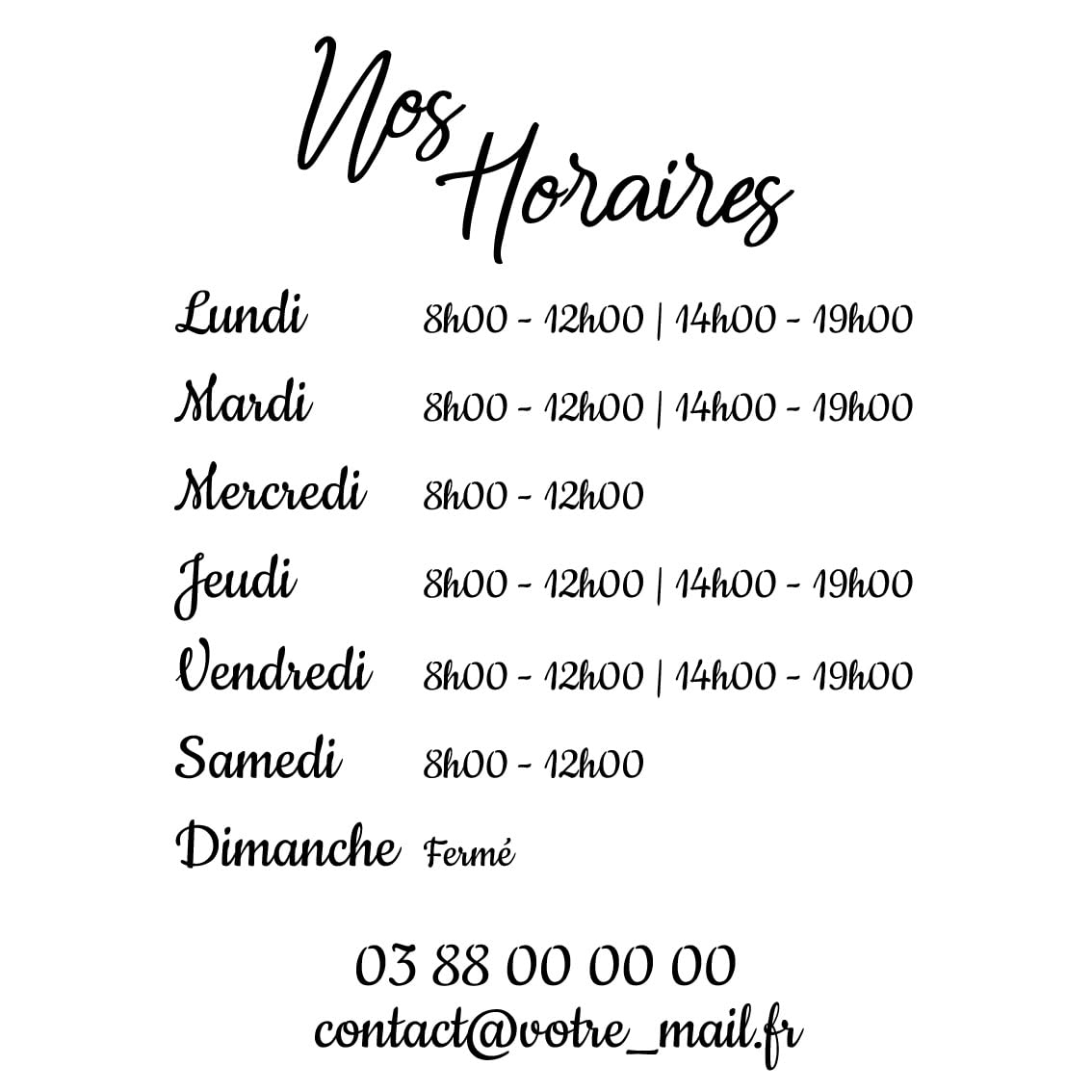 Adhésif horaires d’ouverture boutique 28x40 cm – Sticker vitrine commerce personnalisé – Horaires magasin restaurant salon esthétique – Blanc noir or – Découpe miroir pose intérieure