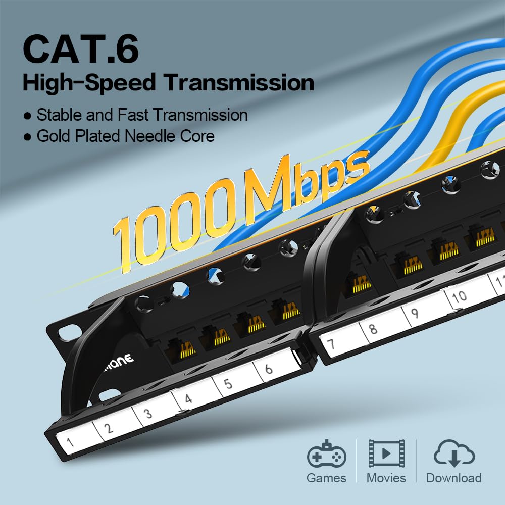 Panneau de brassage Keystone 24 ports CAT6 1U 48,3 cm monté en rack RJ45 Réseau de raccordement compatible avec câble Cat5e et Cat6