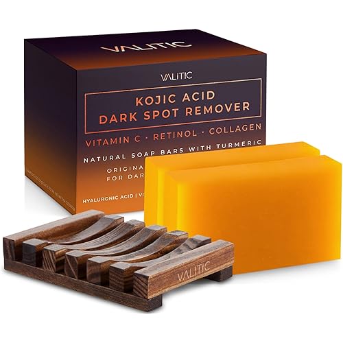 VALITIC Kojic Acid Dark Spot Remover Soap Bar with Vitamin C,Retinol,Collagen,Turmeric - Original Japanese Complex Hyaluronic Acid,E,Shea Butter,Castile Oil (2 Pack) With Holder,Pack of 3,3.5 ounces