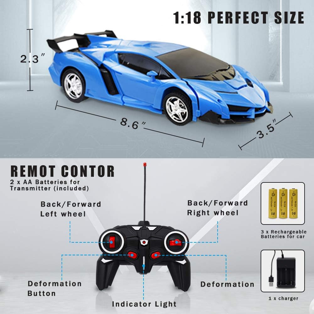 DOOGAXOO Remote Control Car, 1:18 Scale Transform Gesture RC Cars Toy, One Button Deformatio, 360°Drifting with 5 AA Batteries, Transforming Robot Car Toy Gift for Kids Boys and Girls Adults (Blue)