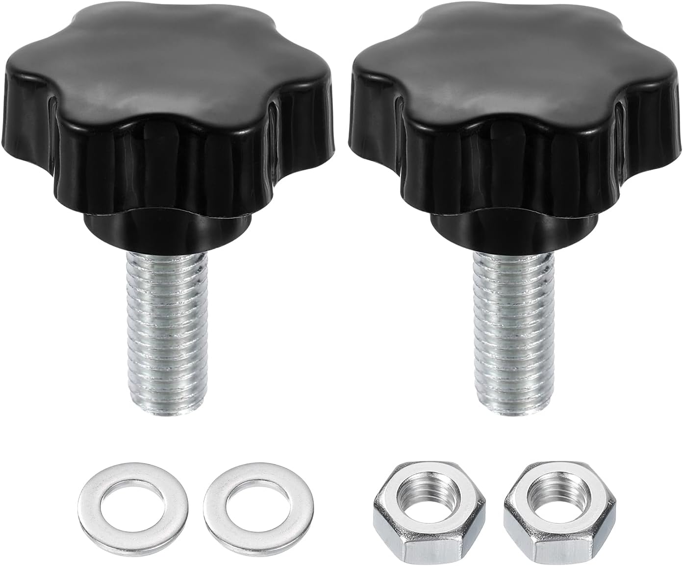 uxcell 2pcs Star Clamping Knobs with Nuts Washers, M12 x 30mm Metric Zinc Plated Carbon Steel Male Thread 48mm 6-Star Plastic Head, Threaded Stud Hand Knobs Handles Thumb Screws, Black