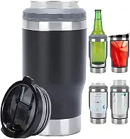 Caneca Porta Latas e Isolador 4 em 1 para Lata Fina e Padrão de 355ml e Long Neck de Cerveja. Copo Térmico de Aço Inoxidável Isolado a Vácuo e Termocooler (Preto)