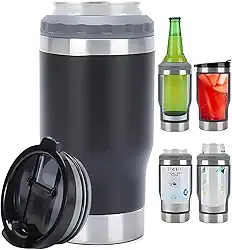 Caneca Porta Latas e Isolador 4 em 1 para Lata Fina e Padrão de 355ml e Long Neck de Cerveja. Copo Térmico de Aço Inoxidável Isolado a Vácuo e Termocooler (Preto)