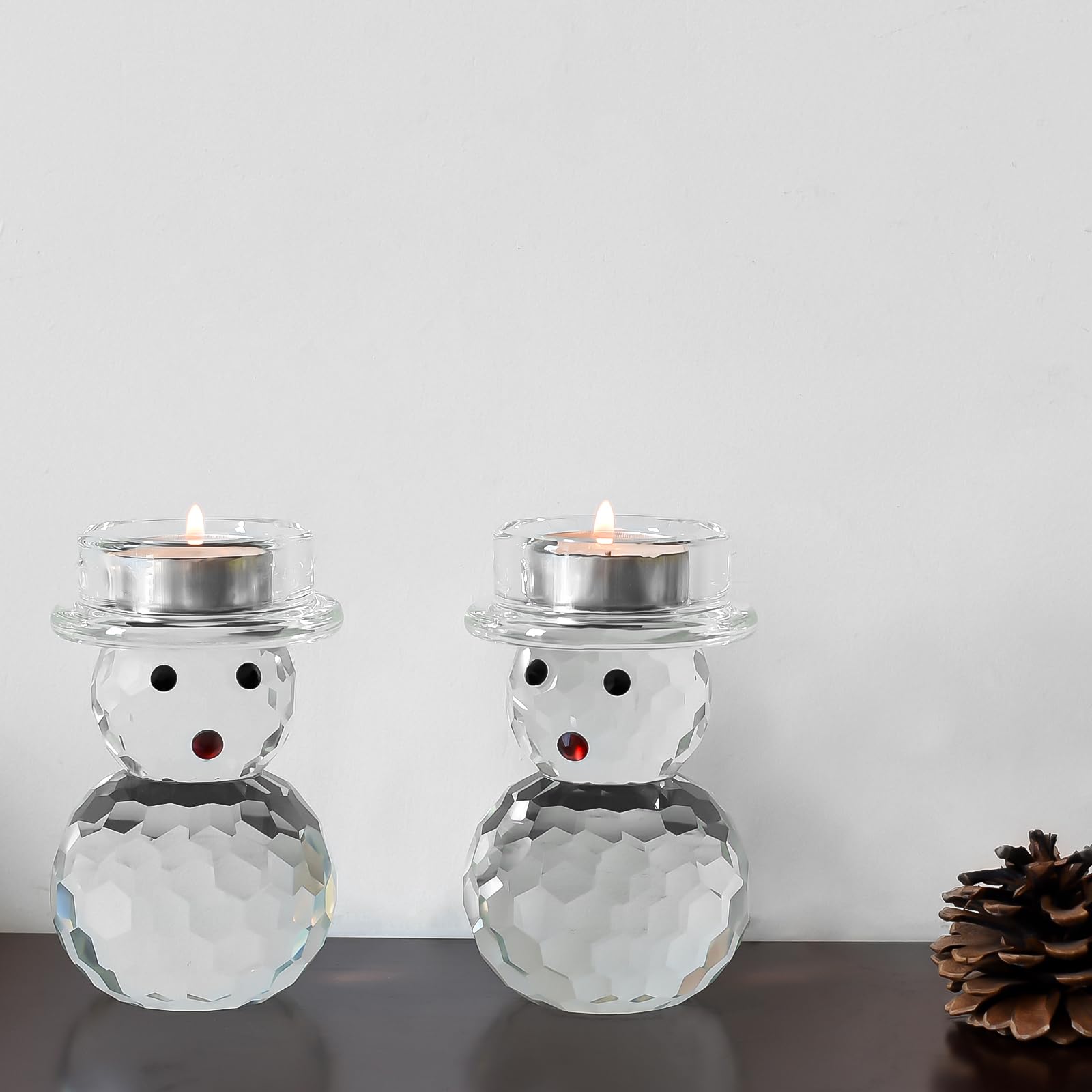 Lot de 2 photophores en cristal en forme de bonhomme de neige - Décoration de table d'hiver festive pour Noël, mariage, fête, anniversaire