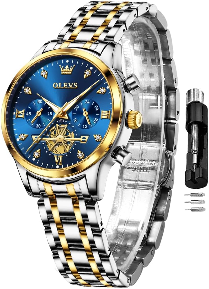 Women Watch Multifunctional Two Tone Watch Fashion Business Analog Quartz Ladies Watch Stainless Steel Waterproof Diamond Watch for Women