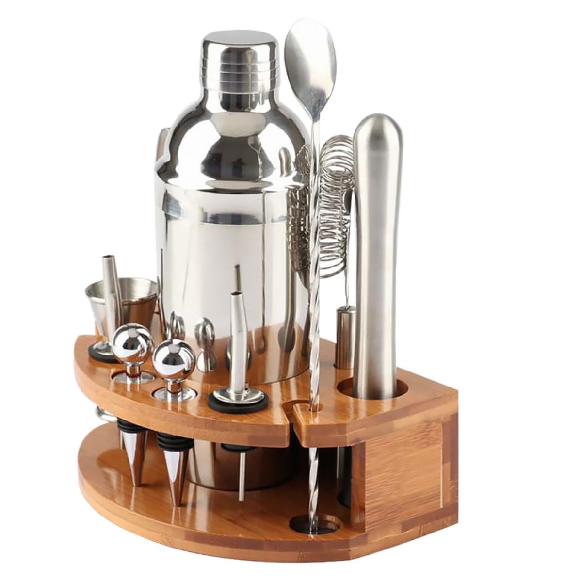 TOYANDONA Juego de Coctelera de 12 Piezas Soporte de Bambú y Acero Inoxidable para Preparar Cócteles en Bar o Casa, Kit Profesional para Bebidas y Té