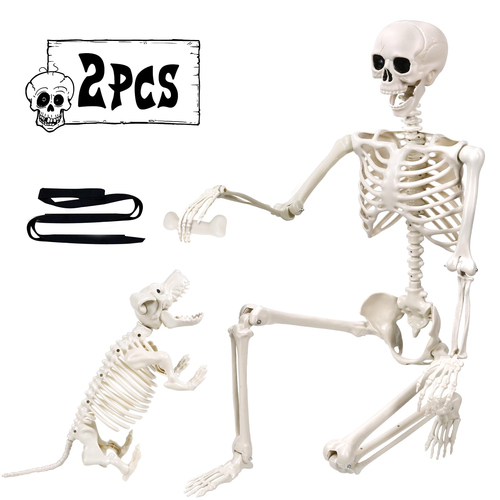 165cm Halloween Bewegliches Skelett mit Hund, Ganzkörper Hunde Lebensgroßes Skelett Realistische Menschliche Skelette mit beweglichen Gelenken für Halloween Outdoor Party Dekoration