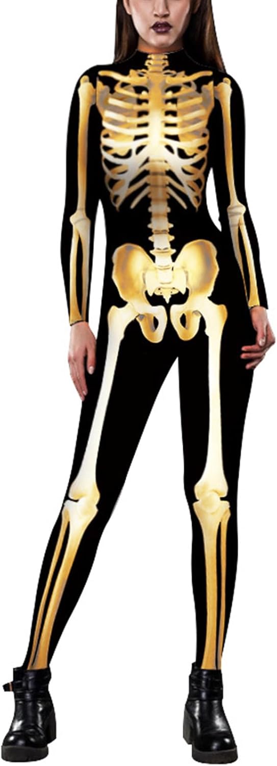 Womens Halloween Costumes Skeleton Costume Jumpsuit Long Sleeve Skinny 3D Print Skull Bodysuit Cosplay Outfit
