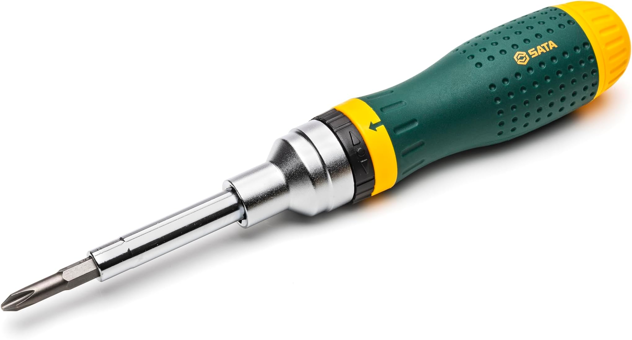 SATA ST09350 19-in-1 Multipurpose Ratcheting Screwdriver Set with 8 Double-Sided Bits and a Green and Yellow Oil-Resistant Handle