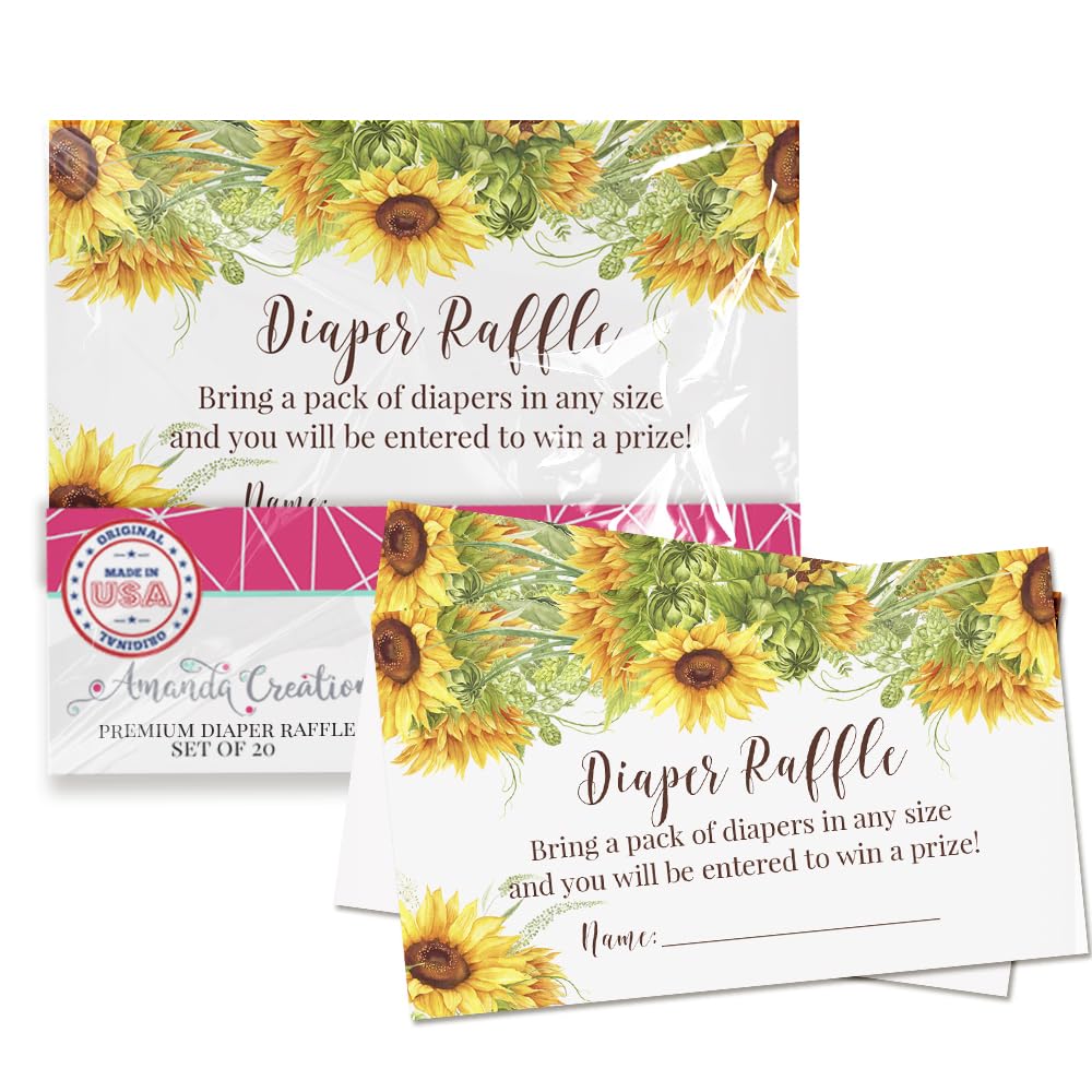 Amanda Creation Diaper Raffle Tickets for Baby Shower – Pack of 20 2” X 3.5” Sunflower Double Sided Game Cards, Stock Up on Diapers Only Made in the USA