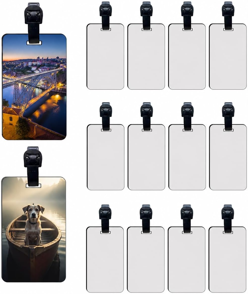 12 PCS Sublimation Blanks Luggage Tag Round Bulk MDF with Belt White Blank Products Travel Bag Name ID Card Luggage Tags with Double-Sided Keychains Sublimation Bag Tags