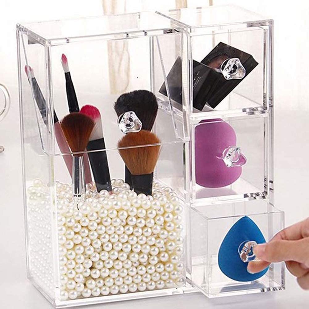 YSWPNA Transparent Acrylic Makeup Organizer, Makeup Tool Storage Box Holder Cosmetics Organizer Box for Cotton Swab Cotton Pad Lipstick Eyeliner Brush