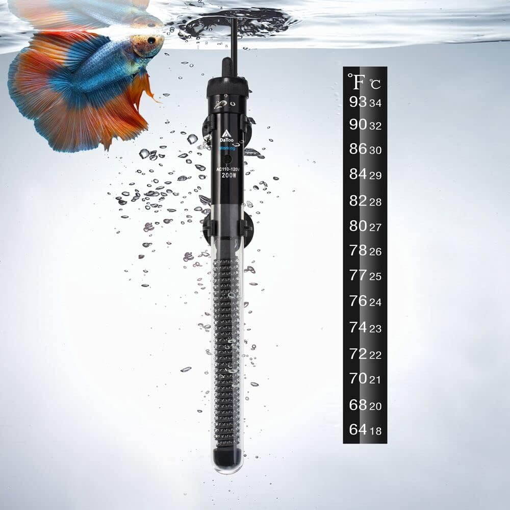 DaToo Aquarium Heater Adjustable 200W Submersible Fish Tank Heater with Electronic Chip Thermostat Suitable for Marine Saltwater and Freshwater