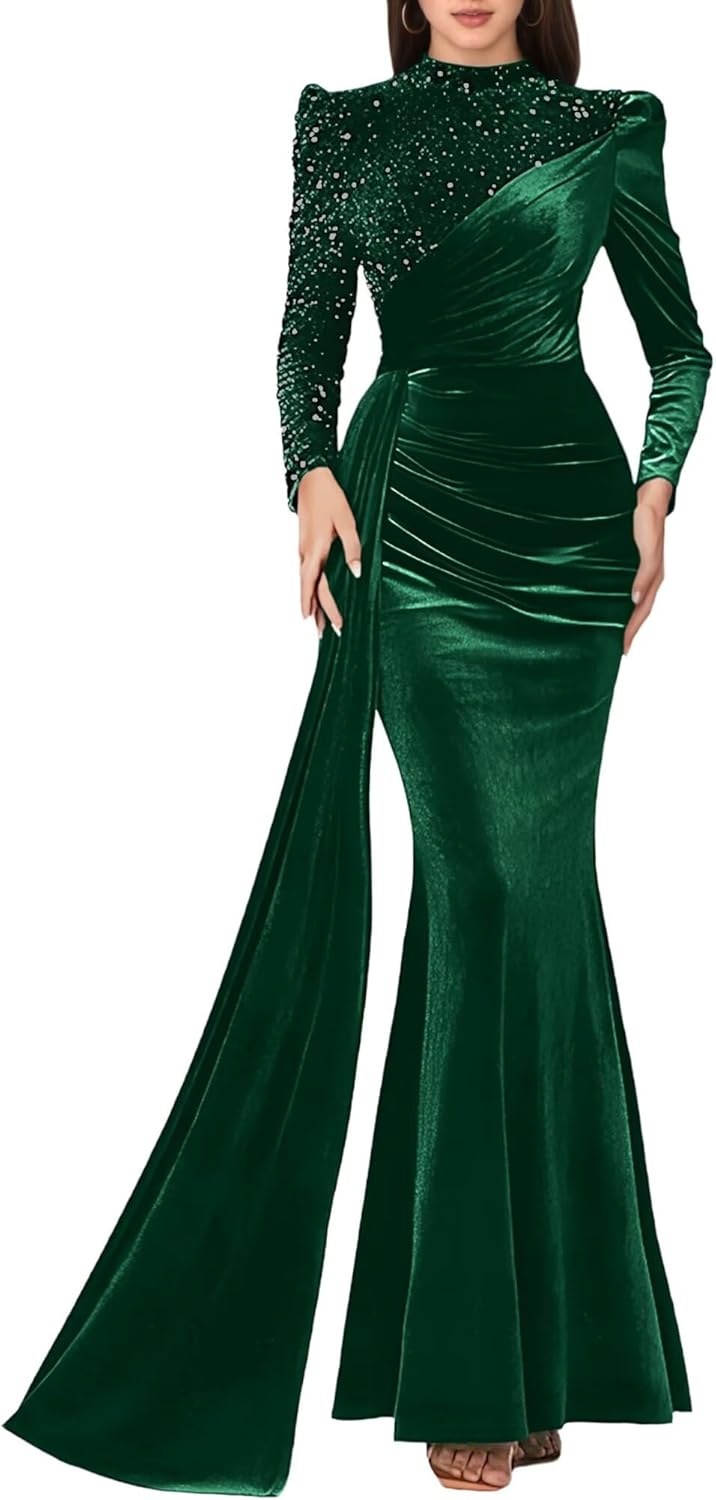 High Neck Velvet Prom Dress 2025 Sparkly Sequin Mermaid Gown for Women Long Sleeve Evening Dresses with Cape JA0346