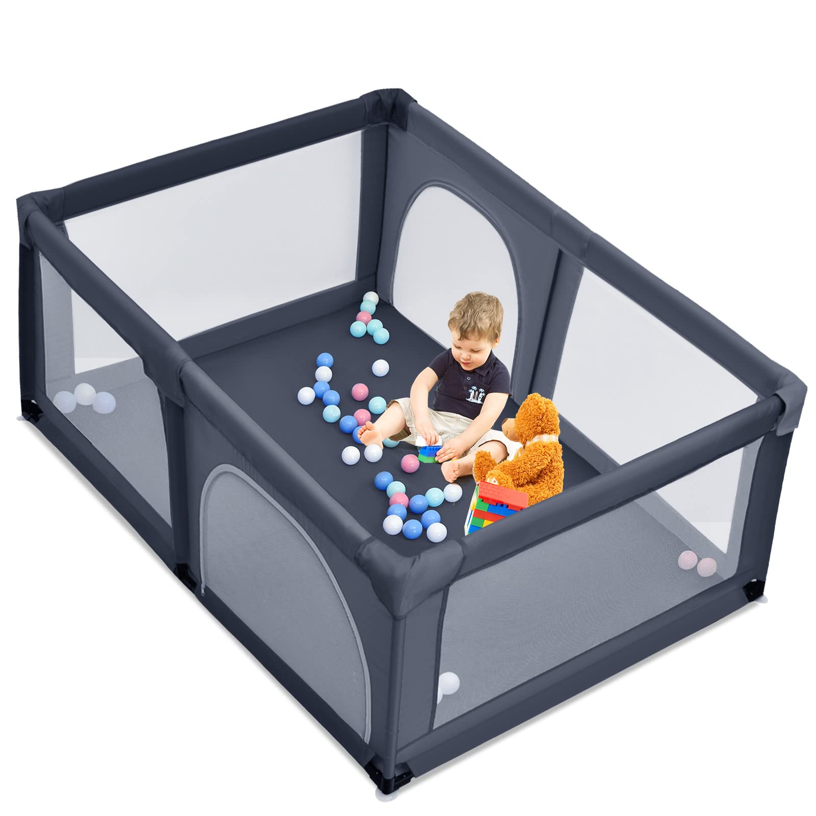 COSTWAY Box per Bambini, Centro Attività Portatile e Sicuro per Bambini, Box Colorato con Cancello, Recinto Extra per Interno ed Esterno con Rete Traspirante Durevole (Grigio scuro)