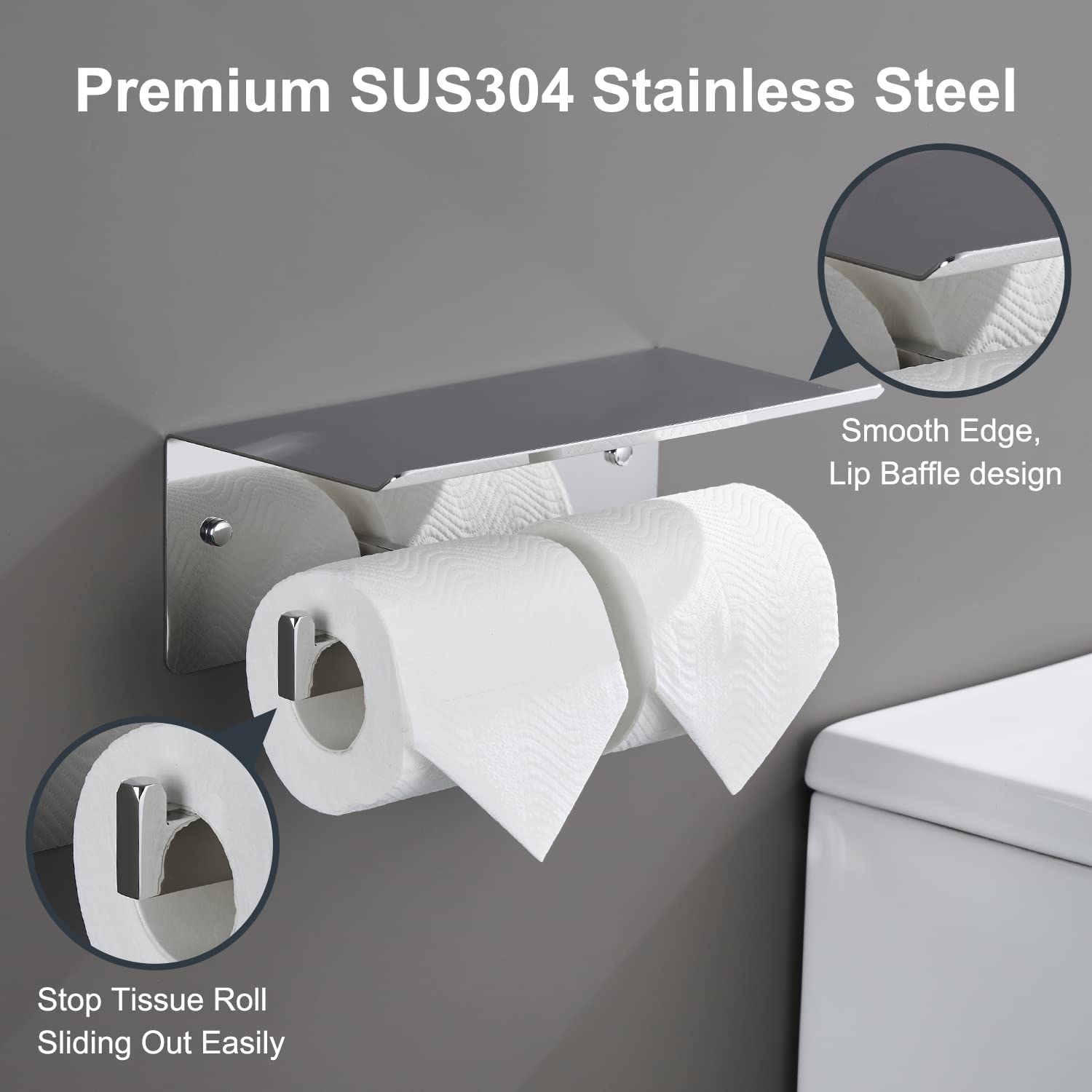 Double Toilet Paper Holder With Shelf Polished Chrome