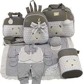 KIT BOLSA MATERNIDADE 5 PEÇAS URSO CHEVRON + SAIDA MATERNIDADE MENINO