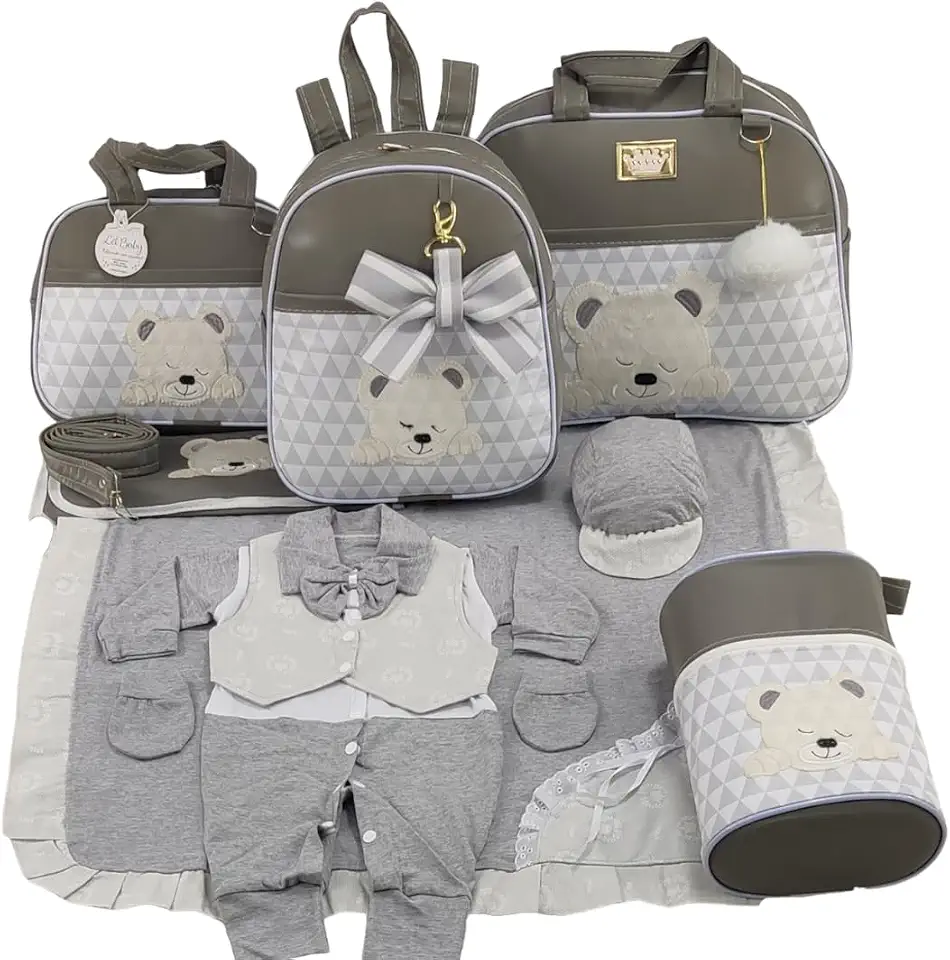 KIT BOLSA MATERNIDADE 5 PEÇAS URSO CHEVRON + SAIDA MATERNIDADE MENINO
