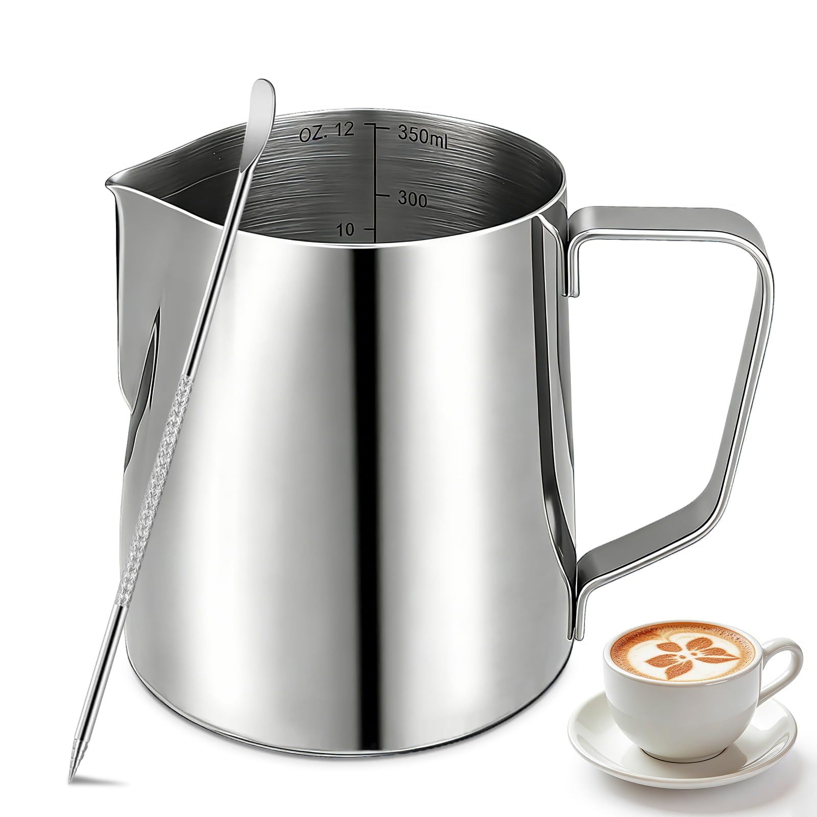 Milk Frothing Pitcher, 350ml/12oz Milk Jug for Coffee Machine, Stainless Steel Pitcher with Measurement Mark and Decorating Pen for Making Latte Art and Cappuccino, Suitable for Coffee Lovers, Silvery
