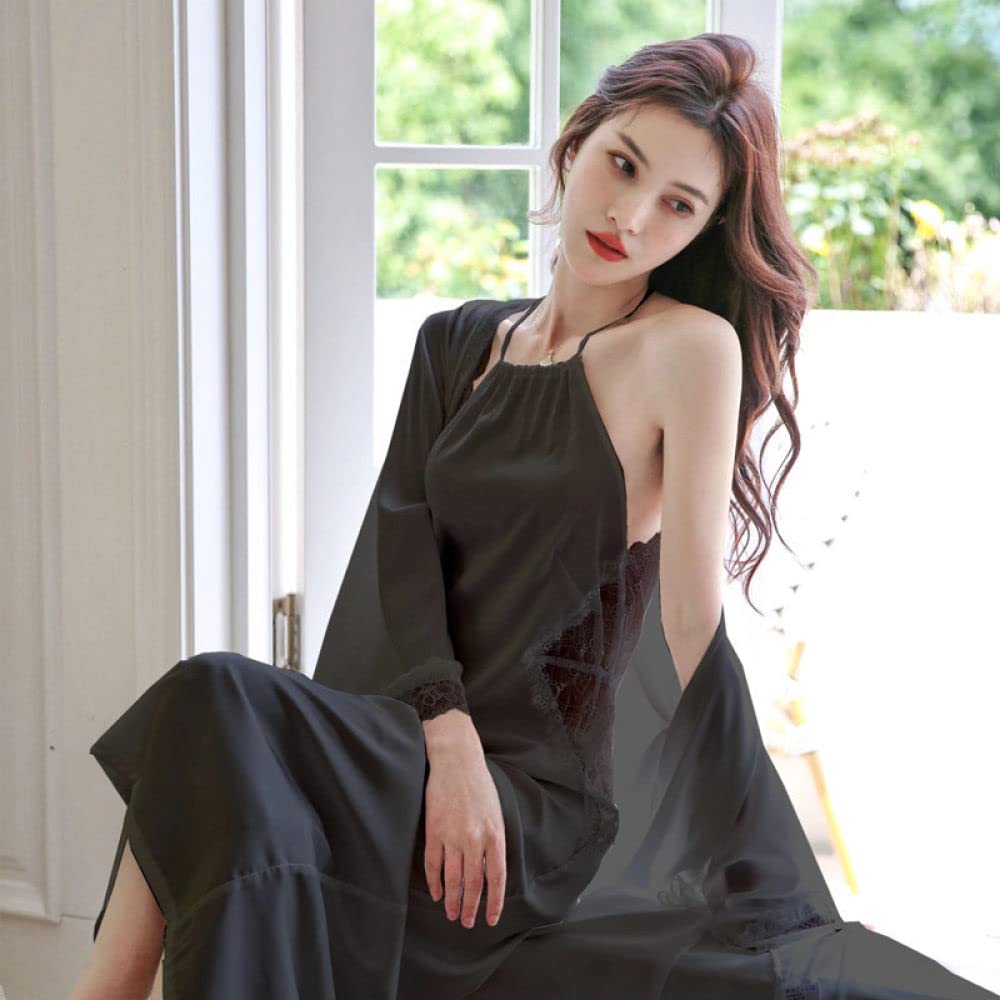 Nachthemden Für Damen,Sexy Nachthemd Für Damen, 2-Teiliges Set, Schwarz, Satin, Neckholder, Spitze, Rückenfrei, Camisole, Robe, Weiches, Bequemes Nachthemd, Schmale Nachtwäsche Für Damen, Mädc