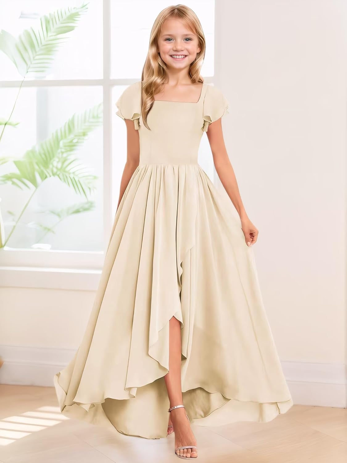 Junior Bridesmaid Dresses Square Neck Chiffon Flower Girl Dress Ruffle Girls Formal Wedding Party Dress