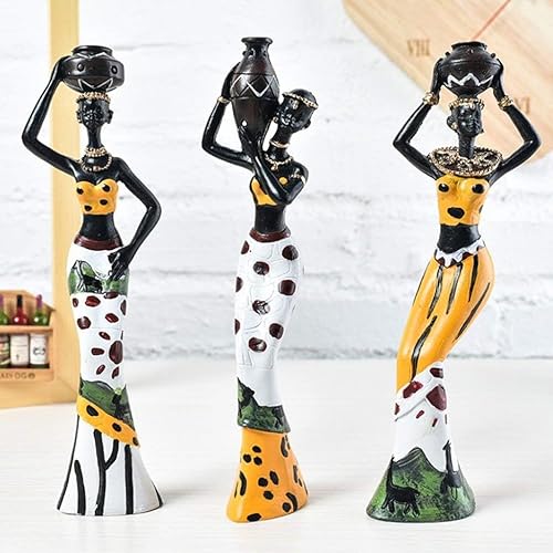 Miniatura 2 de 3pcs figuras africanas escultura tribal dama estatua estatua estatua soporte - amarillo