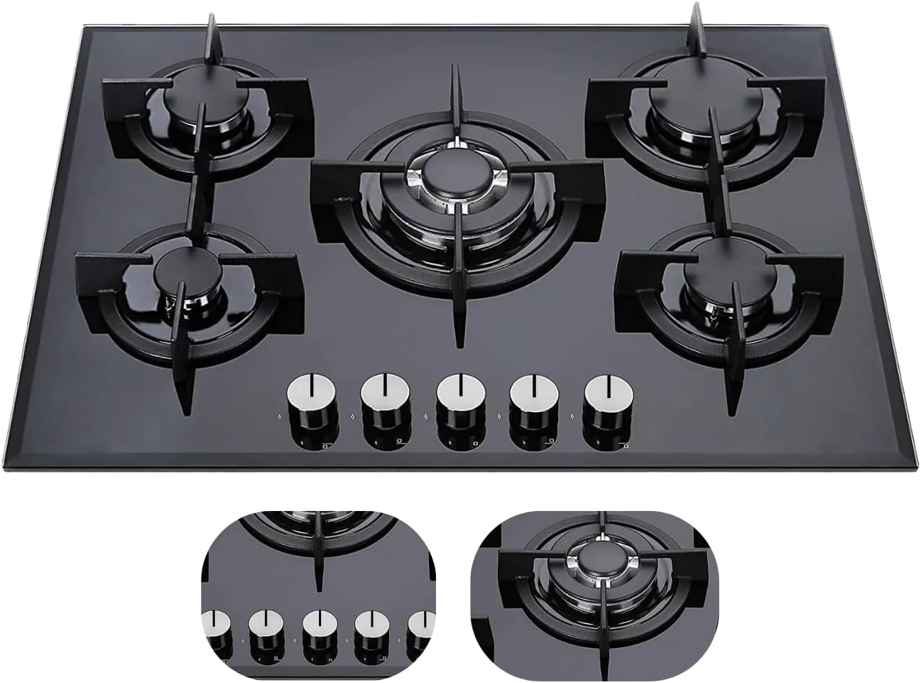 PIANO COTTURA VETRO VETROCERAMICA NERO 90 CM INCASSO GAS METANO 5 FUOCHI GHISA