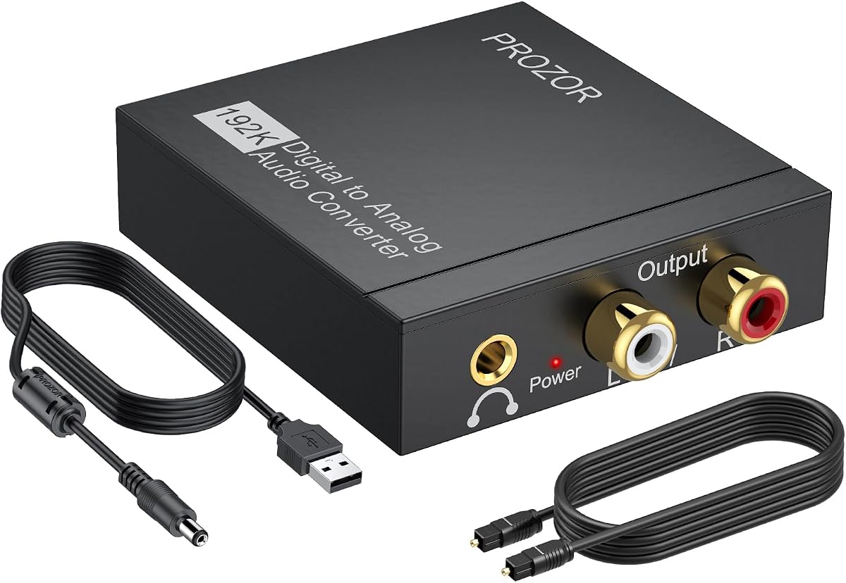PROZOR 192KHz Digital to Analog Audio Converter, DAC Optical to Analog L/R RCA 3.5mm Converter, Digital SPDIF Toslink Optical to 3.5mm Jack Adapter for PS3 HD DVD PS4 Amp Apple TV Home Cinema