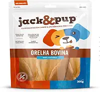 Orelha Bovina 300g Petisco Natural Para Cachorro Cães Pets Orelha de Boi Desidratada 100% Digestível Saborosa Embalagem Grande em Média de 10 a 11 und Marca Americana Jack&Pup Jack E Pup