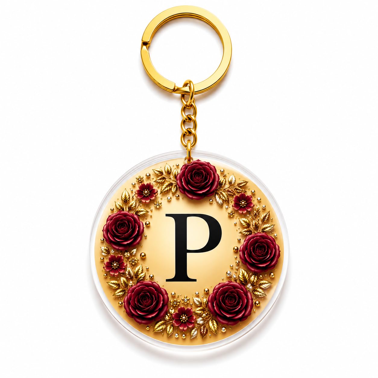 personalized alphabet p round acrylic keychain | premium gold & burgundy floral initial letter key ring | custom monogram name keychain | birthday gift for women, girls, friends & family