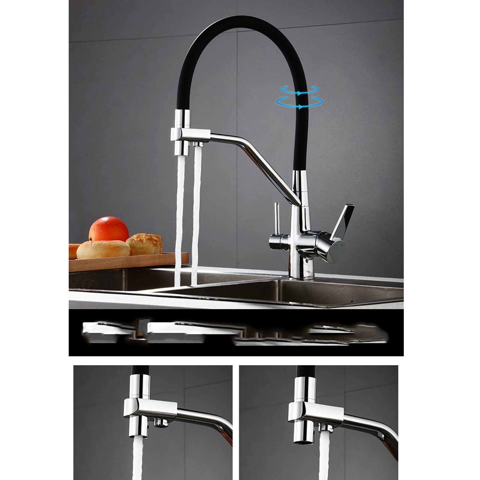 Grifos de Cocina con Salida de Agua Potable filtrada, Grifo de Cocina abatible Giratorio de 360°, Mezclador de Cocina de latón Macizo de Agua fría y Caliente