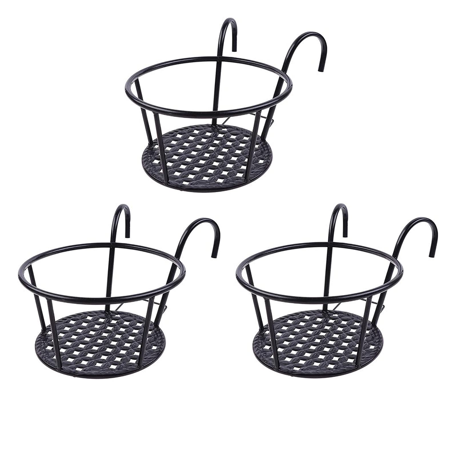 Hidyliu Set di 3 vasi da fiori da appendere, in metallo, per piante, con ganci, per piante, per balcone, recinzioni o muri singoli, colore: nero
