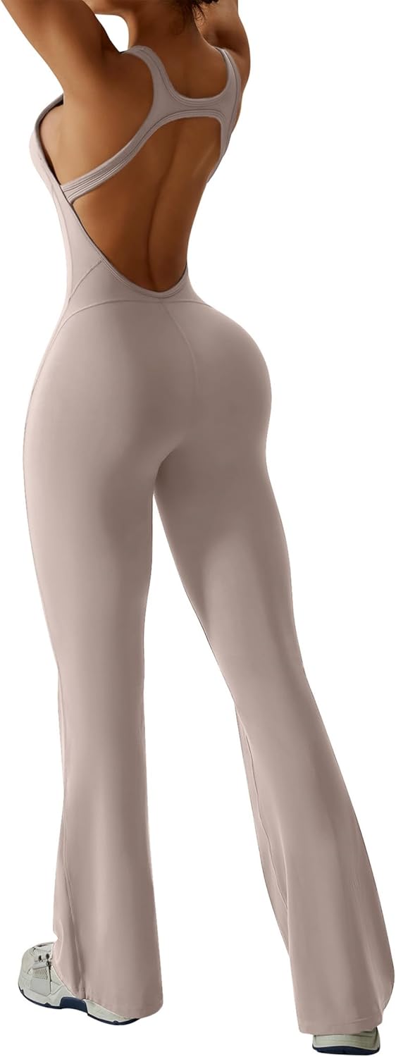 OEAK Womens Flare Jumpsuit with Bra Tummy Control Cutout Romper Workout Outfit Sleeveless Unitard One Piece Backless Bodysuit - Image 4